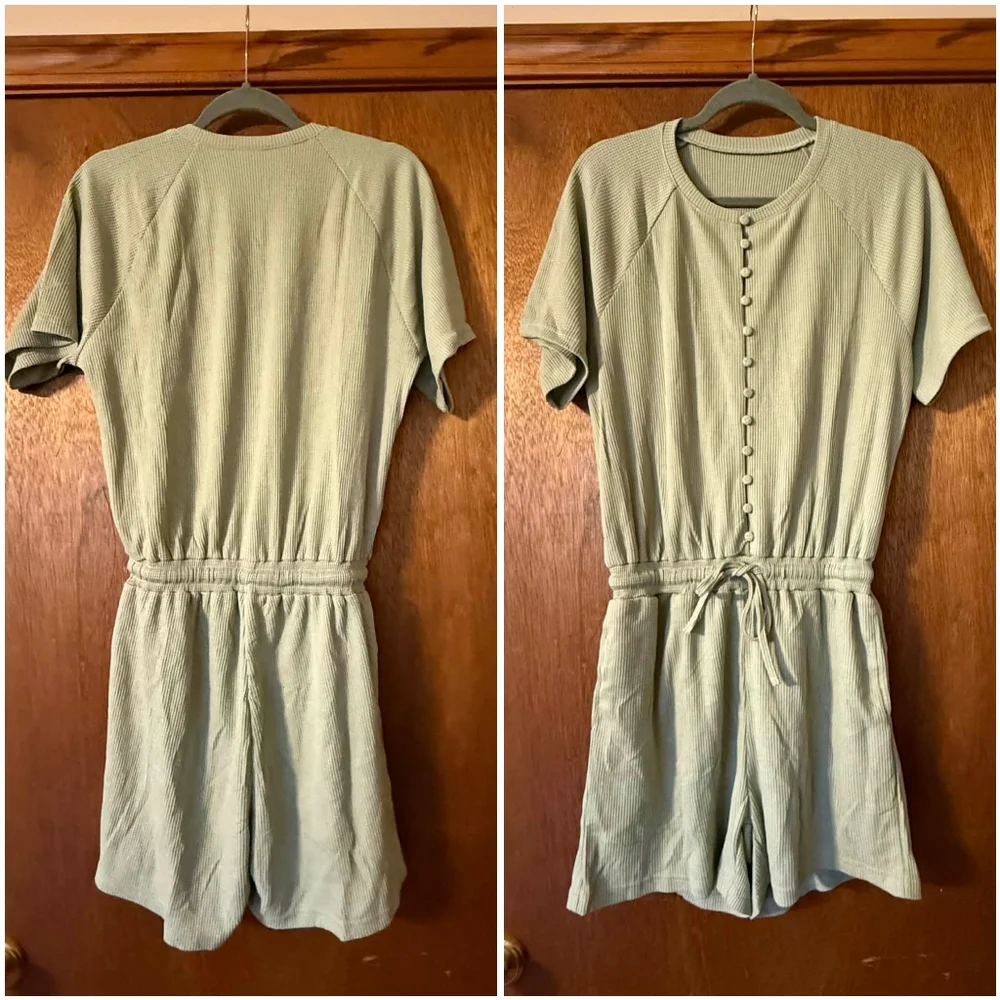 NEW Fixmatti Green Waffle Knit Crew Button Short Sleeve Romper Jumpsuit Beach S - Picture 5 of 15